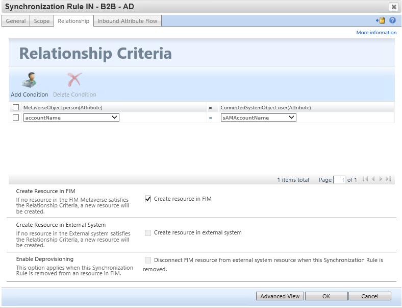 Zrzut ekranu przedstawiający kartę Relacja na ekranie Reguła synchronizacji IN.