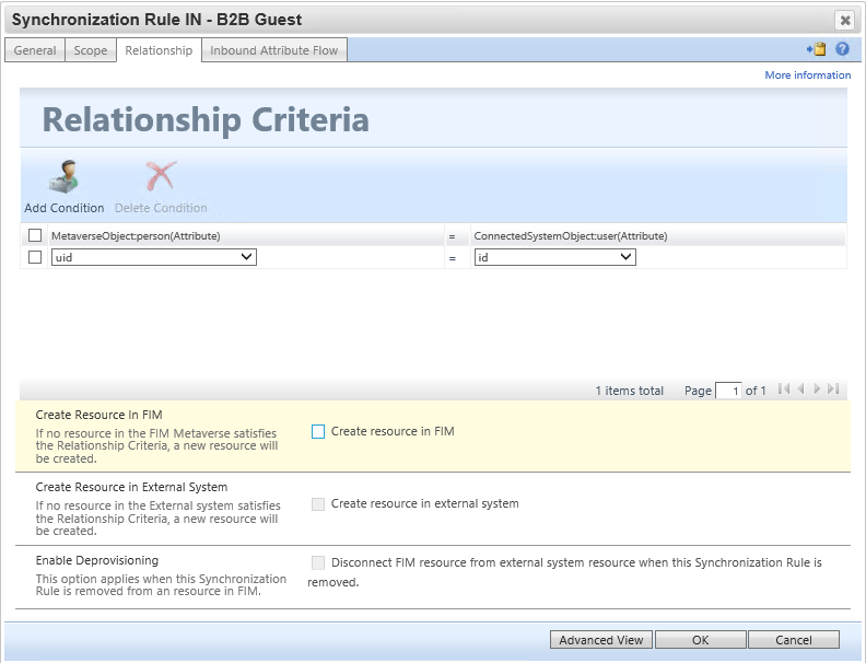 Zrzut ekranu przedstawiający kartę Relacja i kryteria relacji.