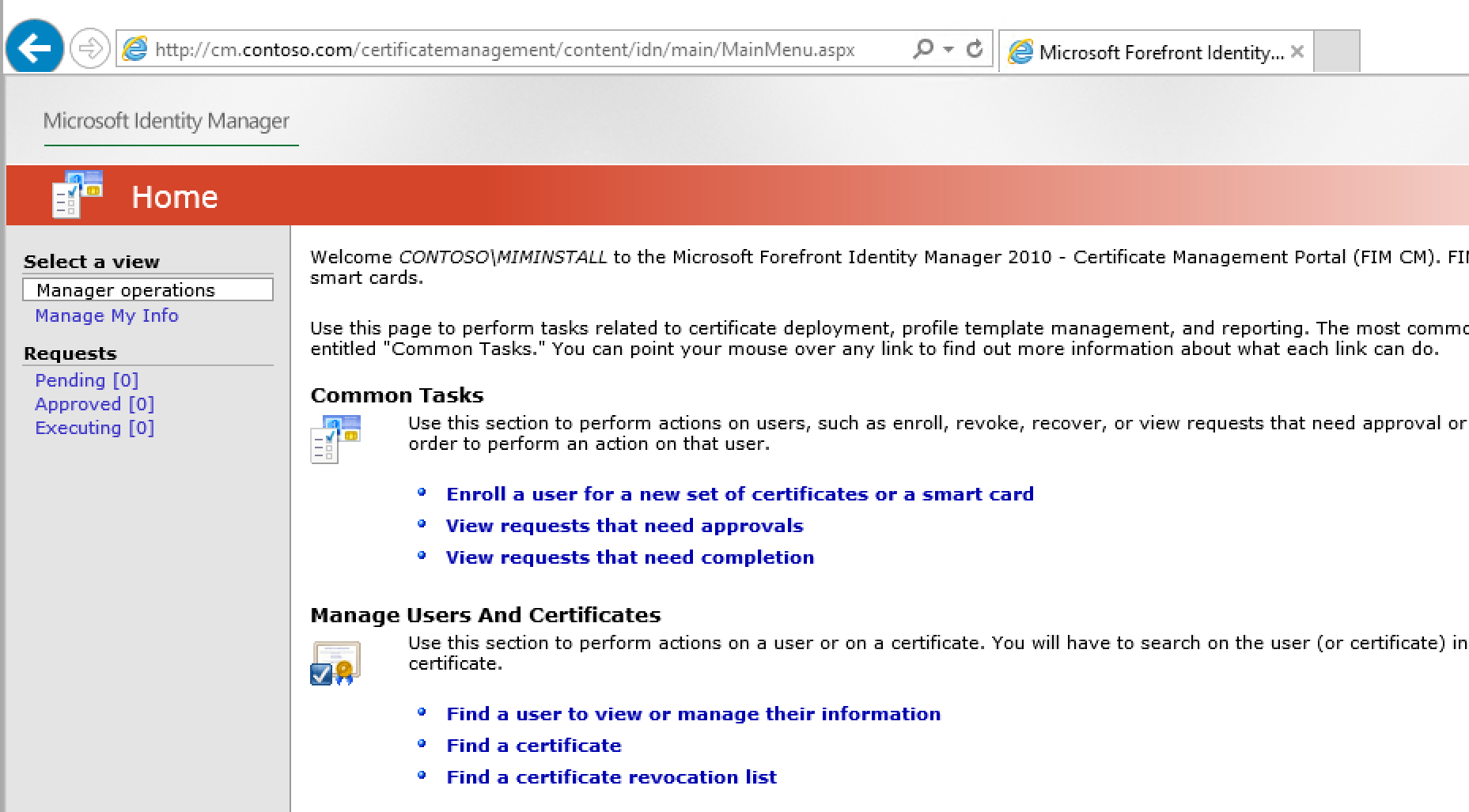 Zrzut ekranu przedstawiający stronę główną portalu zarządzania certyfikatami Microsoft Identity Manager.