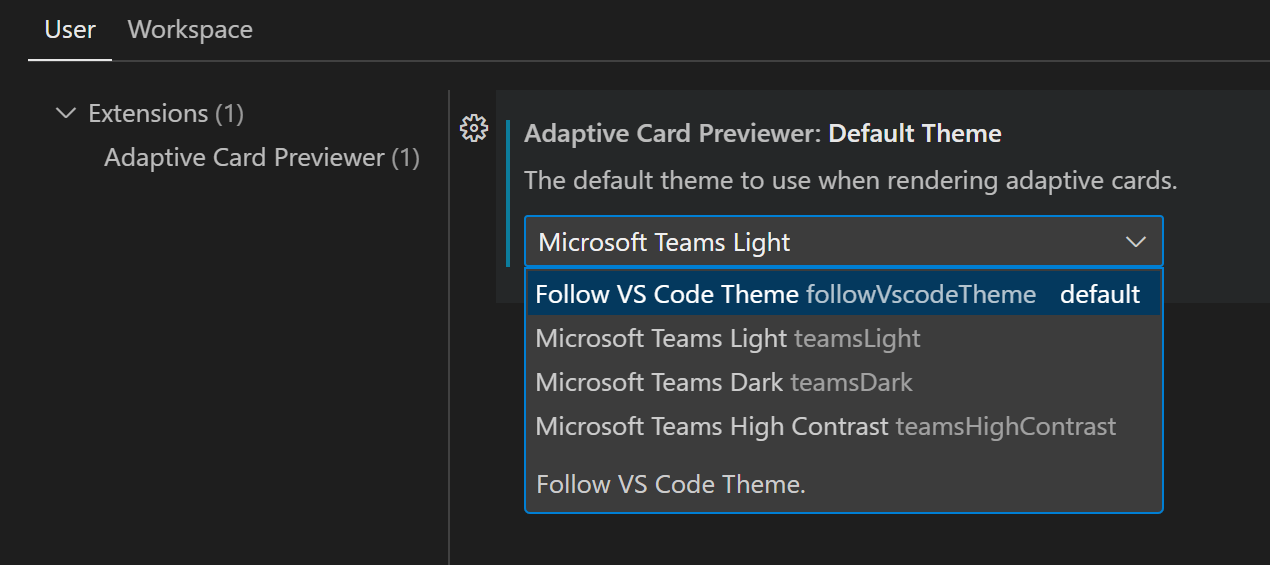 Screenshot shows how to configure default theme through Visual Studio Code extension settings.