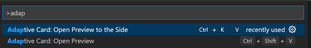 Screenshot shows the options for instant preview of adaptive cards in Visual Studio Code editor through CodeLens or Command Palette.