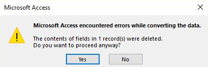 Zrzut ekranu przedstawiający napotkane błędy programu Microsoft Access podczas konwertowania danych.