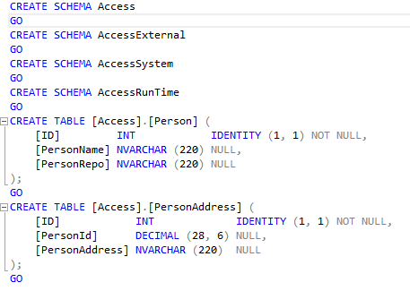 Zrzut ekranu przedstawiający tworzenie tabel Person i PersonAddress przez skrypt jako przykład w wierszu polecenia SQL.