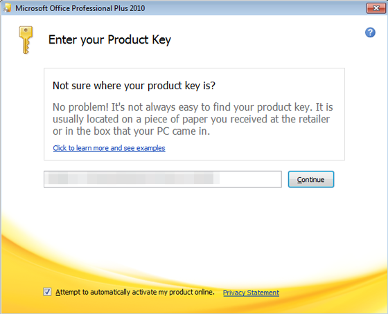 Zrzut ekranu przedstawiający ekran Wprowadź klucz produktu po uruchomieniu dowolnego programu pakietu Office 2010.