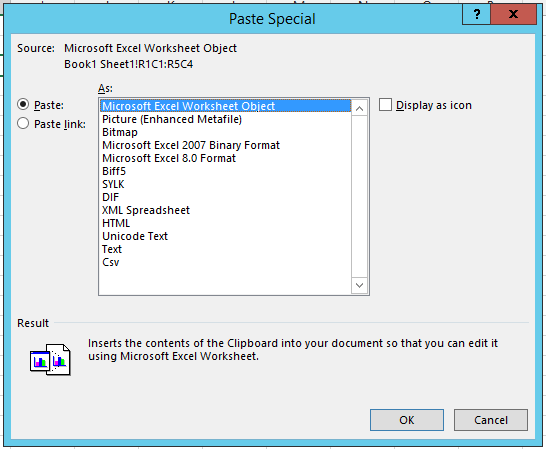 Zrzut ekranu przedstawiający okno dialogowe Wklej specjalne systemu Windows.