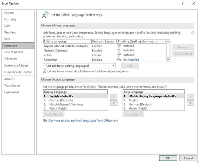 Zrzut ekranu przedstawiający ustawienie języka angielskiego jako języka wyświetlania w oknie Opcje programu Excel.