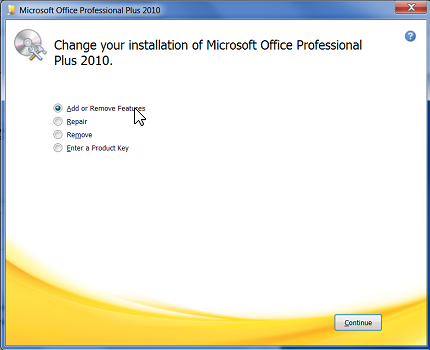 Zrzut ekranu przedstawiający wybieranie pozycji Dodaj lub usuń funkcje w oknie dialogowym Microsoft Office \<Edition> .