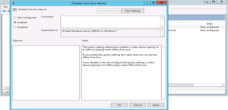 Zrzut ekranu przedstawiający ustawienie opcji Wyłącz film pierwszego uruchomienia na wartość Włączone.