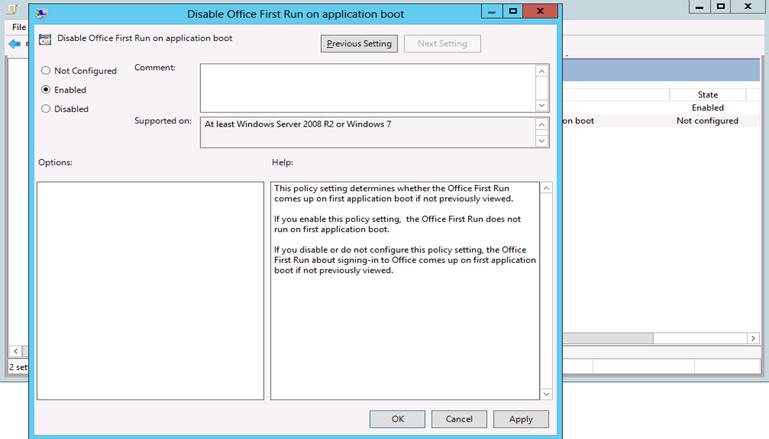 Zrzut ekranu przedstawiający ustawienie pozycji Wyłącz pierwsze uruchomienie pakietu Office w rozruchu aplikacji na wartość Włączone.