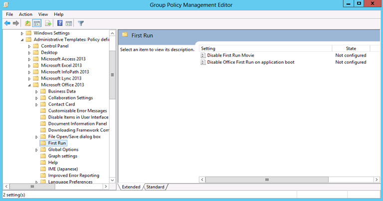 Zrzut ekranu przedstawiający lokalizowanie pierwszego uruchomienia w oknie Redaktor zarządzania zasady grupy.