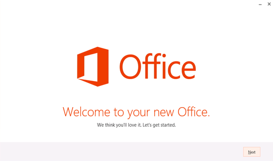 Zrzut ekranu przedstawiający ekrany Pierwszego uruchomienia z powitaniem w nowym pakiecie Office.