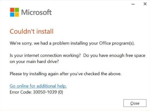 Zrzut ekranu przedstawia komunikat o błędzie po próbie zainstalowania Aplikacje Microsoft 365 dla przedsiębiorstw.