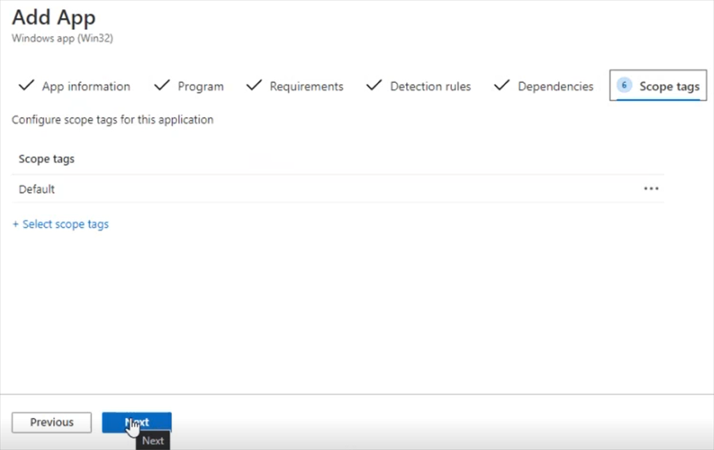 Zrzut ekranu przedstawiający wybranie opcji Dalej bez tagów zakresu.