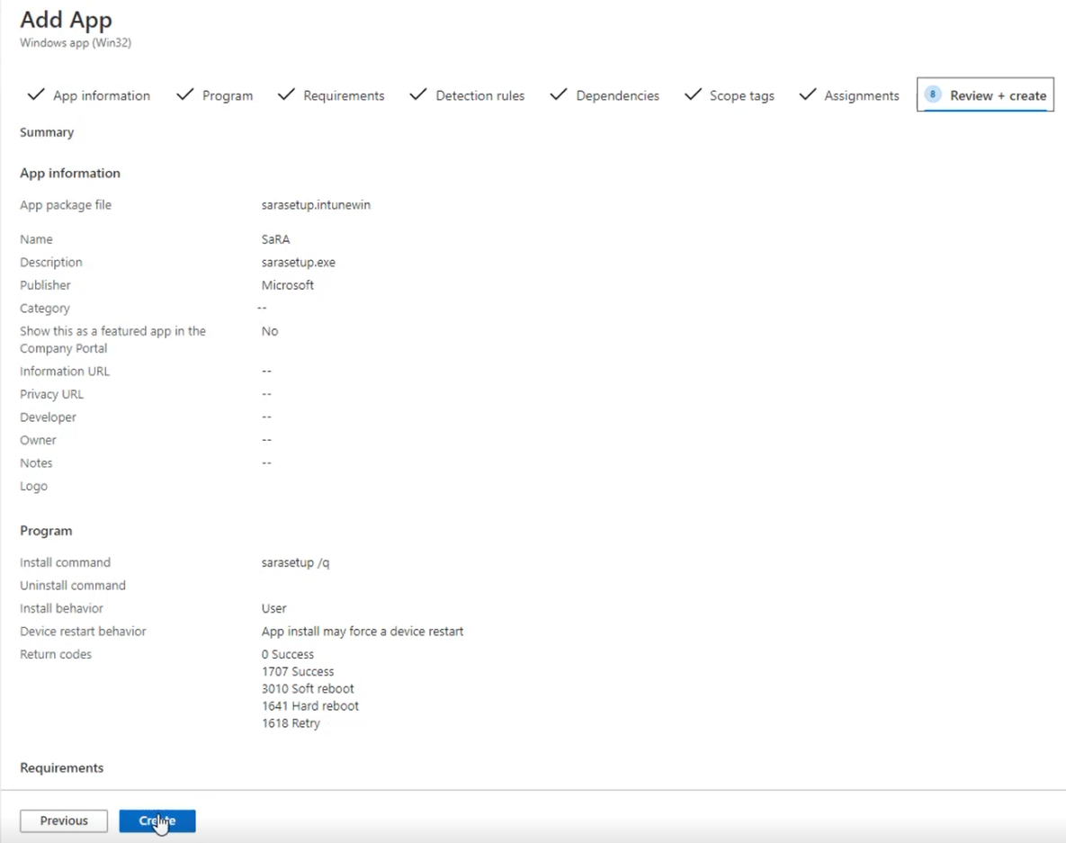 Zrzut ekranu przedstawiający przeglądanie ustawień i wybieranie opcji Utwórz.