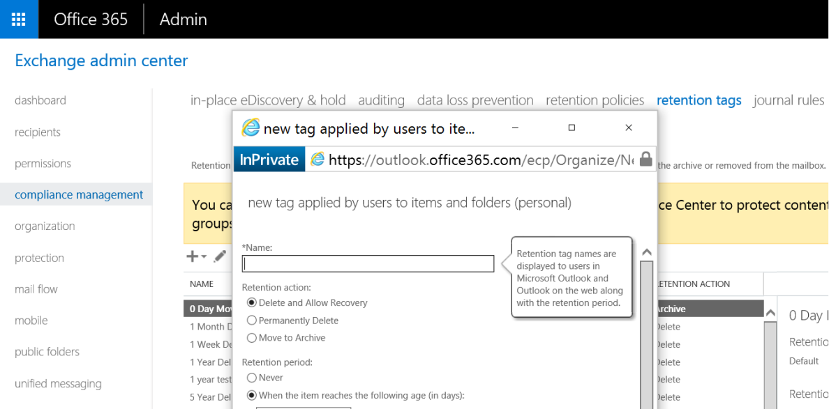 Zrzut ekranu przedstawiający tworzenie strony Nowy tag przechowywania.