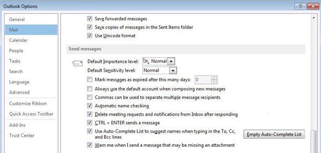 Zrzut ekranu przedstawiający okno Opcje programu Outlook z przyciskiem Pusta lista autouzupełniania.