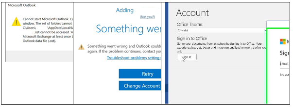 Zrzut ekranu przedstawiający komunikaty o błędach programu Outlook.