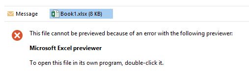 Zrzut ekranu przedstawiający komunikat o błędzie podglądu programu Excel.