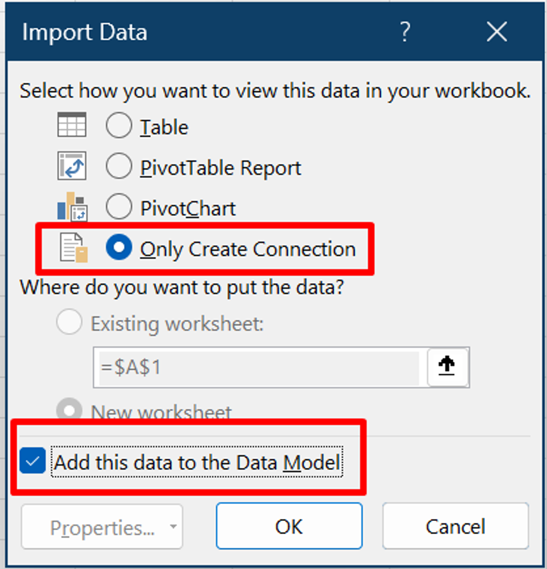 Zrzut ekranu przedstawiający okno Importowanie danych z wyróżnionymi dwoma elementami: Utwórz tylko Połączenie ions i Dodaj te dane do modelu danych.
