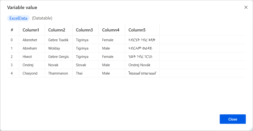 Zrzut ekranu tabeli danych wyświetlanej w przeglądarce wartości.