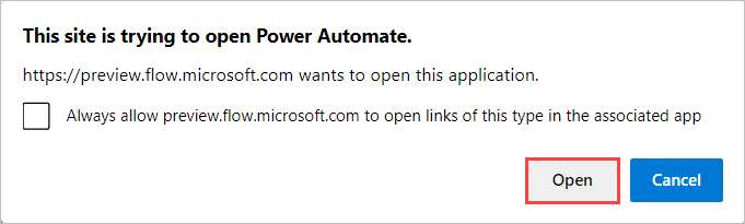 Zrzut ekranu komunikatu przeglądarki z pytaniem, czy otworzyć aplikację Power Automate.