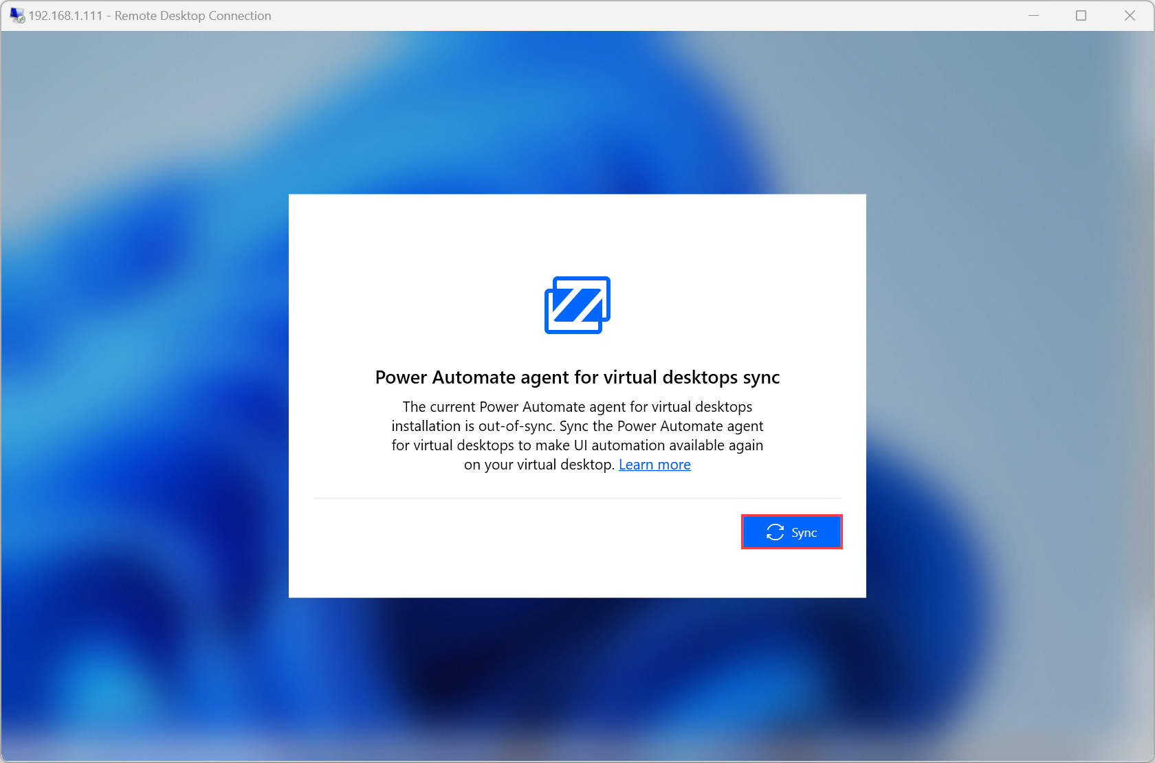 Zrzut ekranu z monitem o synchronizację Power Automate i Power Automate agentem pulpitów wirtualnych.