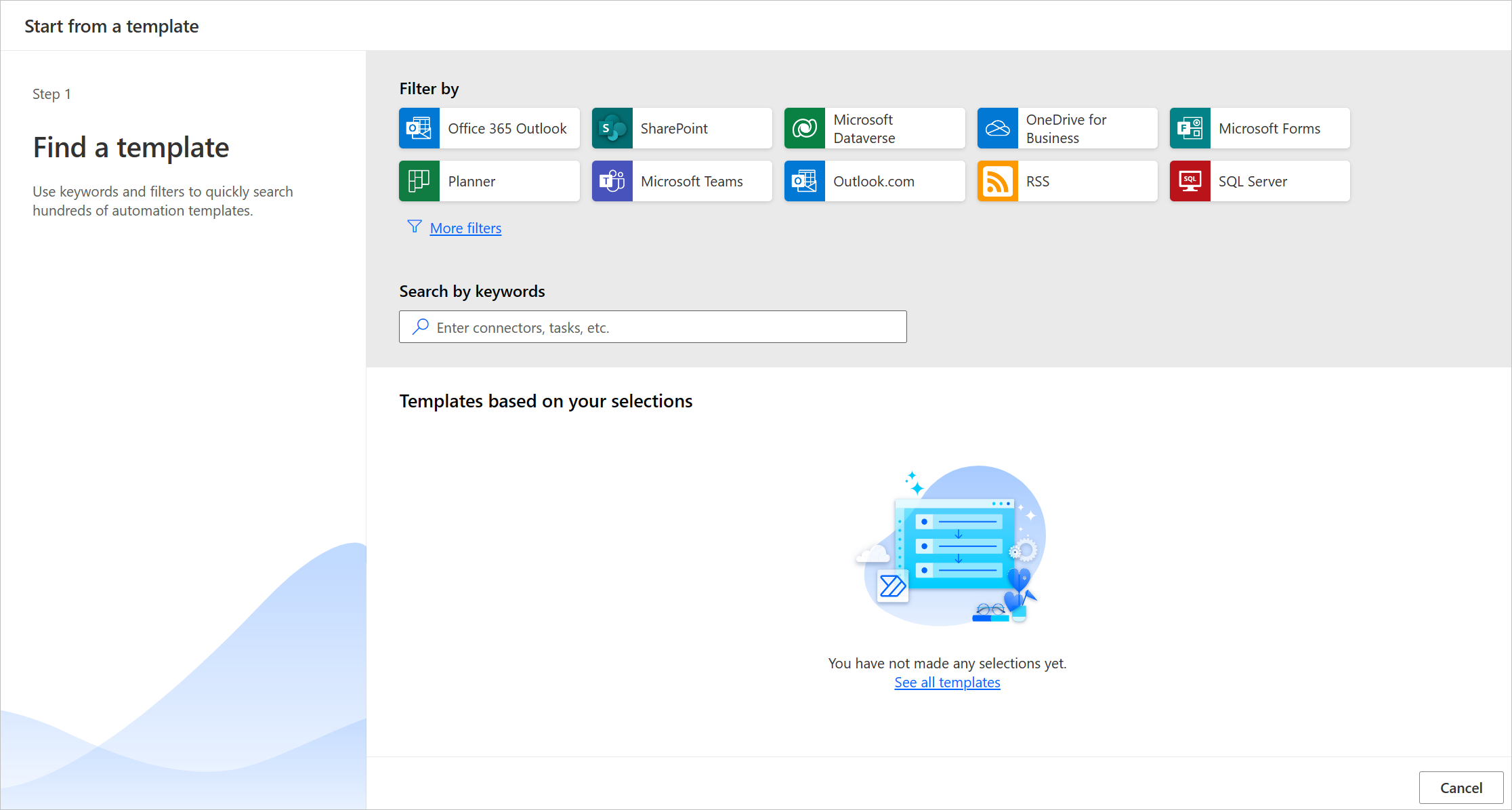 Zrzut ekranu szablonów Power Automate związanych z formularzami Microsoft Forms.