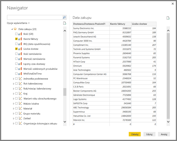 Zrzut ekranu przedstawiający podgląd tabeli SAP na ekranie Nawigator.