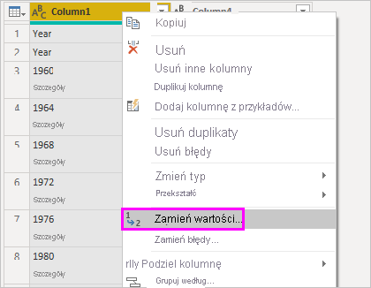 Screenshot shows a column highlighted with Replace Values selected in the context menu.