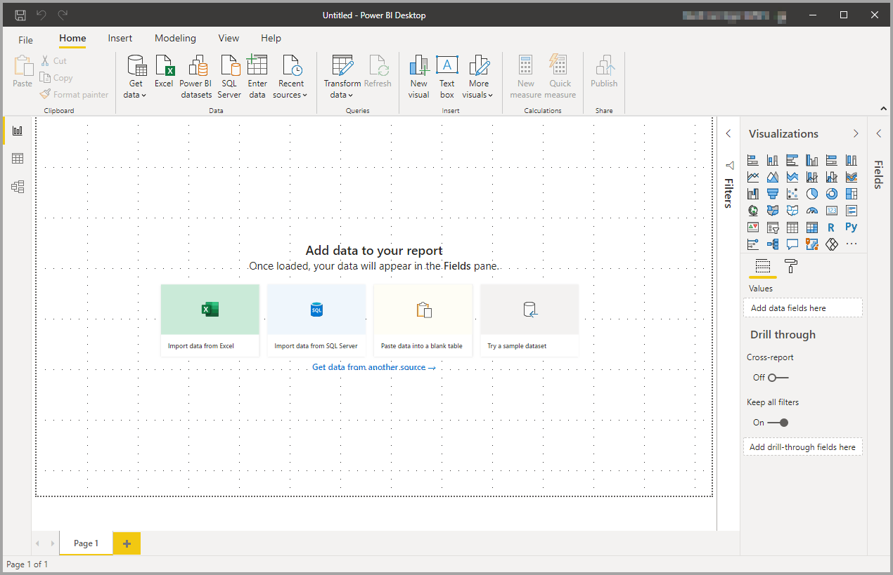Screenshot showing Power BI Desktop in Report view with a blank canvas.