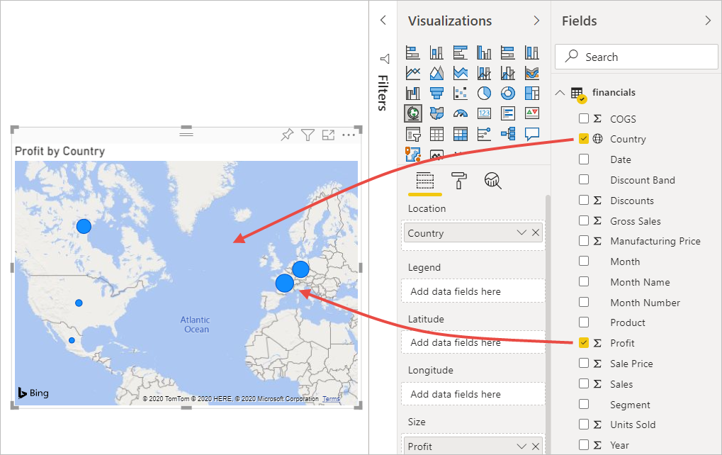 Screenshot of map visual in report editor.