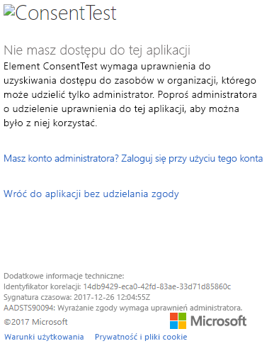 Zrzut ekranu przedstawiający okno logowania w witrynie Azure Portal z wyświetlonym błędem uprawnień testu zgody.