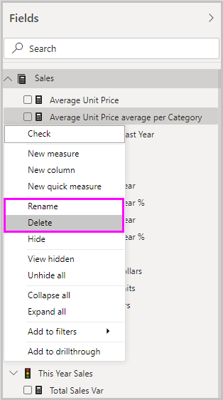 Zrzut ekranu przedstawiający opcje usuwania i zmieniania nazwy szybkiej miary w menu rozwijanym.