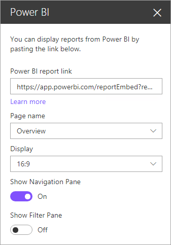 Zrzut ekranu przedstawiający okno dialogowe właściwości nowego składnika Web Part programu SharePoint z wyróżnionym linkiem raportu usługi Power BI.