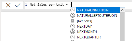 Zrzut ekranu przedstawiający używanie usługi Net Sales na pasku formuły.