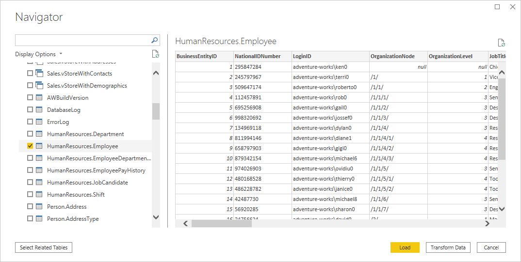 Nawigator programu Power Query Desktop przedstawiający dane pracowników działu kadr w bazie danych PostgreSQL.