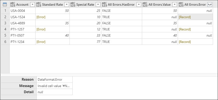 Zrzut ekranu przedstawiający tabelę z nowymi polami w kolumnach z wybraną wartością All.Errors.Error i wyświetlanymi komunikatami o błędach w dolnej części tabeli.
