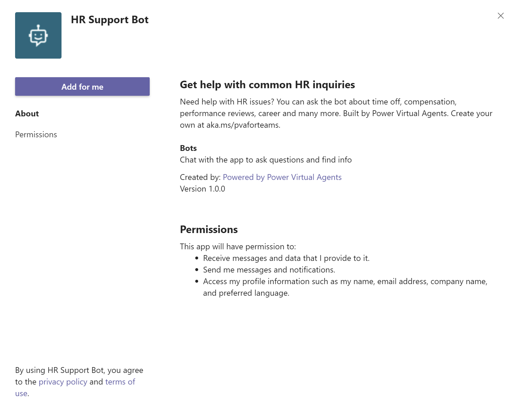  Zrzut ekranu przedstawiający opcję dodania HR Support Pomocnik w aplikacji Teams.