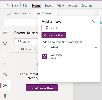 Zrzut ekranu przedstawiający przycisk Power Automate w lewym okienku z otwartym oknem dialogowym Dodaj przepływ, pokazujący przepływ FlowInApp dostępny do dodania do aplikacji.