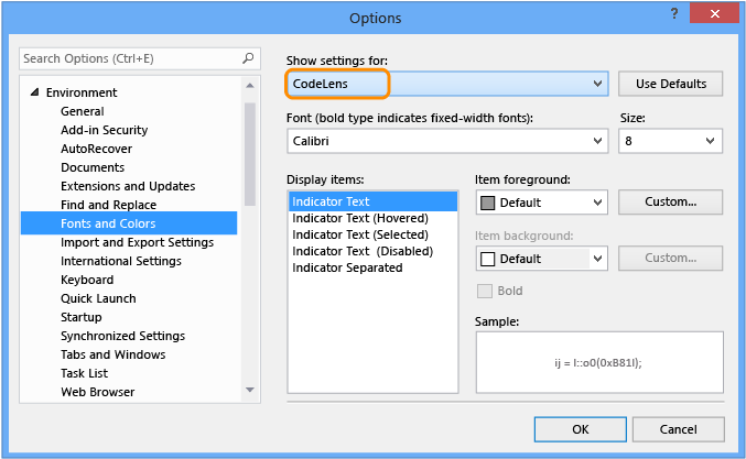 Funkcja CodeLens — zmienić ustawienia czcionek i kolorów