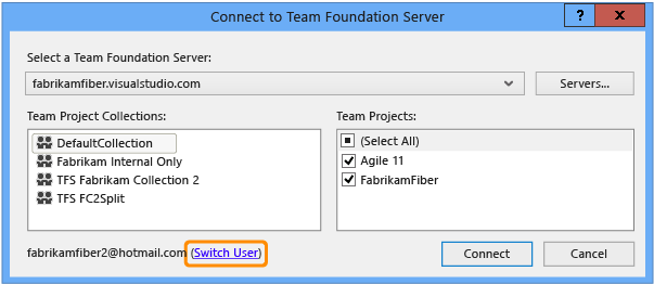 Połączyć się okno dialogowe programu Team Foundation Server