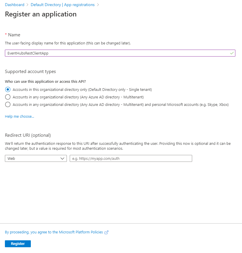Zrzut ekranu przedstawiający stronę Rejestrowanie aplikacji.