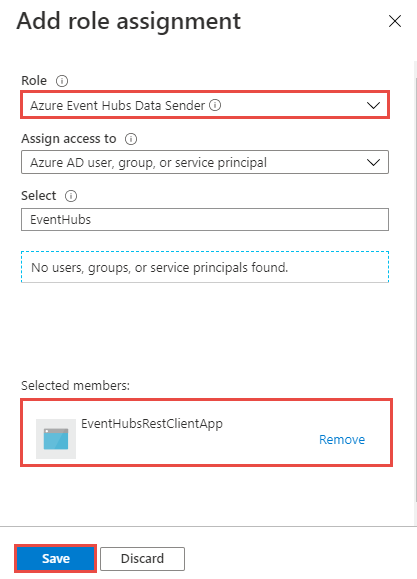 Zrzut ekranu przedstawiający dodanie aplikacji do roli nadawcy danych Azure Event Hubs.