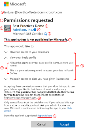 Zrzut ekranu przedstawiający okno dialogowe Uprawnienia żądane z blokami konstrukcyjnymi składników zgodnie z opisem w artykule dotyczącym połączonego środowiska zgody aplikacji Firmy Microsoft Entra.
