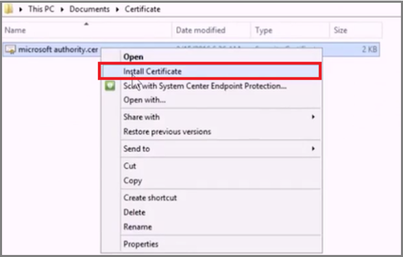Zrzut ekranu przedstawiający kliknięcie pozycji Zainstaluj certyfikat.