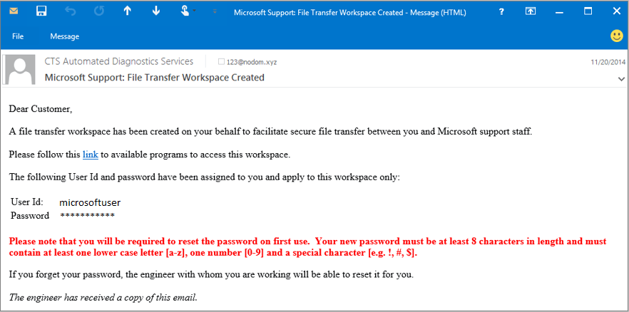 Zrzut ekranu przedstawiający przykładowy komunikat z pomoc techniczna firmy Microsoft.