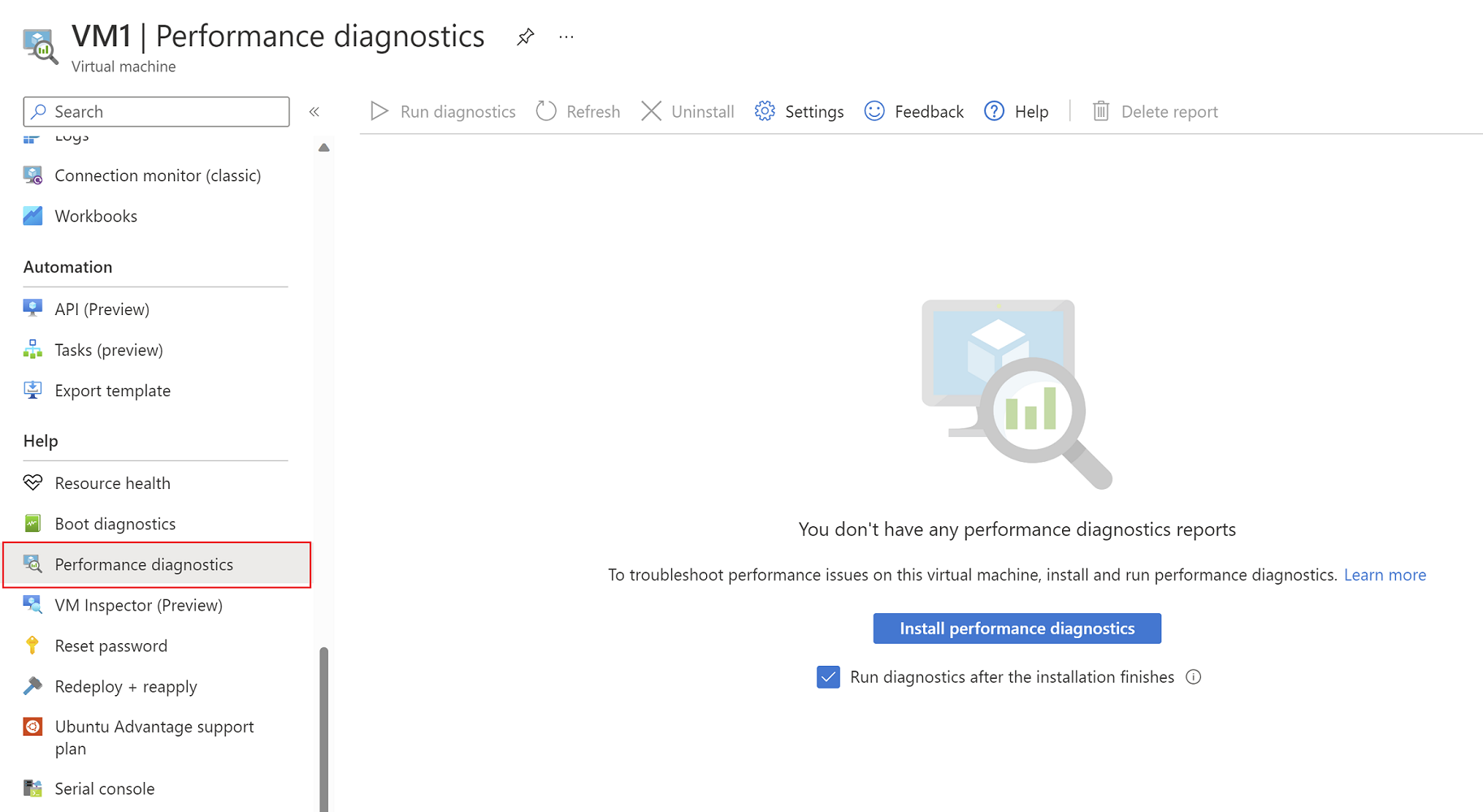 Zrzut ekranu przedstawiający Azure Portal z wyróżnionym przyciskiem Zainstaluj diagnostykę wydajności.