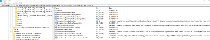 Zrzut ekranu przedstawiający Redaktor rejestru przedstawiający ustawienia zasad funkcji BitLocker skonfigurowane przez agenta MDM