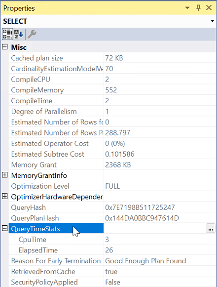 Zrzut ekranu przedstawiający okno właściwości planu wykonywania SQL Server z rozwiniętą właściwością QueryTimeStats.