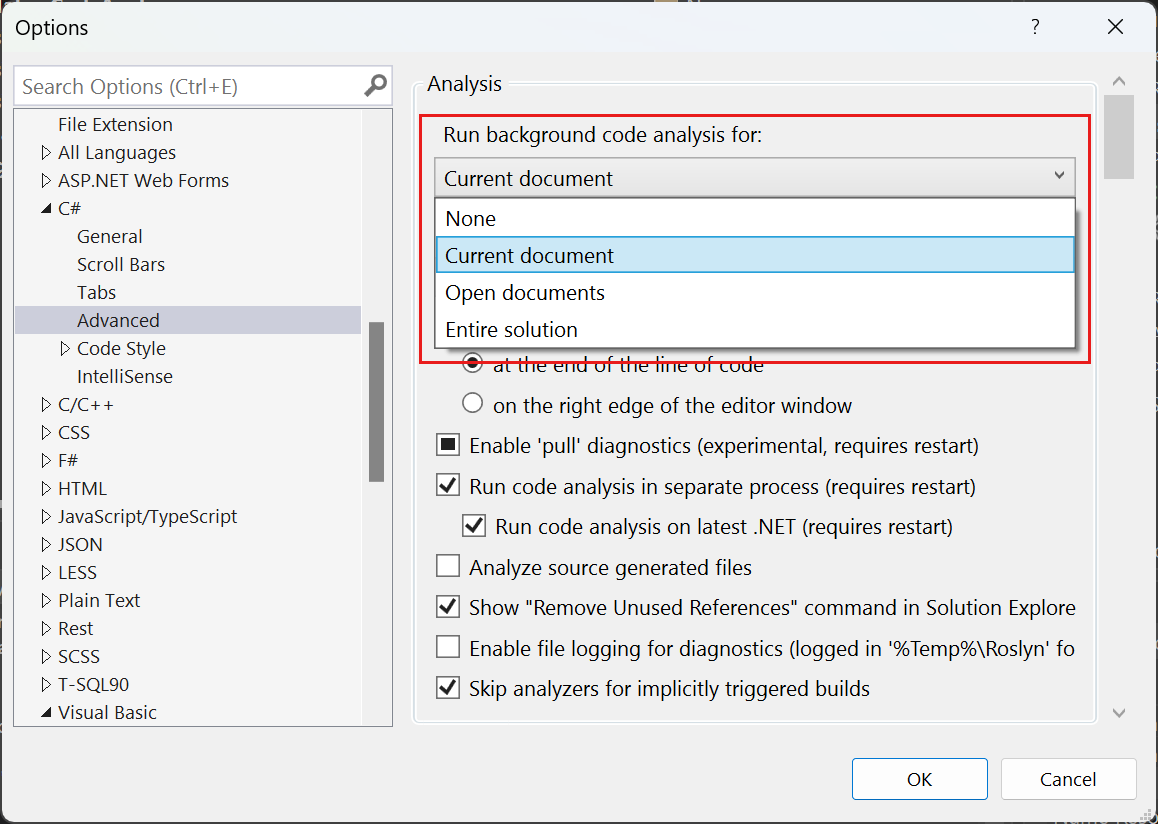 Zrzut ekranu przedstawiający opcje zakresu analizy kodu w tle w programie Visual Studio.